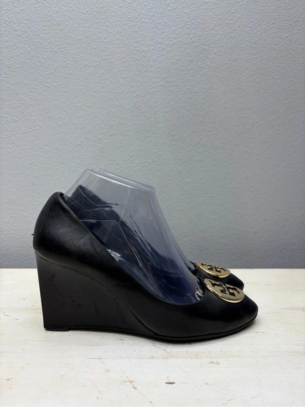 Tory Burch Black Leather Sally Wedge Sandals Size 7.5
